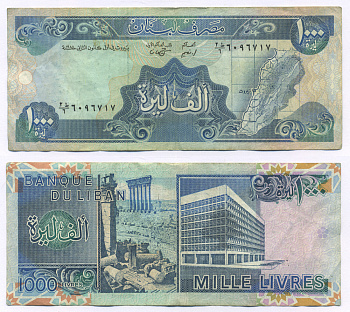 ЛИВАН 1000 ЛИВРОВ 1988 ЛИВАН НА КАРТЕ, ДРЕВНИЕ РУИНЫ И СОВРЕМЕННОЕ ЗДАНИЕ Pick 69а бумага 7218-60-2