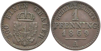 ПРУССИЯ 1 ПФЕННИГ 1869 А, ВИЛЬГЕЛЬМ I (1861-1888) KM 480 медь 201-555