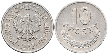 ПОЛЬША 10 ГРОШЕЙ 1963 KM AA47 алюминий 192-1021