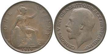 Великобритания 1 пенни 1919 Георг V (1910-1936) KM 810, Spink 4051 бронза 32-515