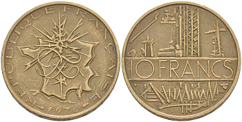 Франция 10 франков 1976 тип Матье KM 940, Le Franc 365.7-8 никель латунь 111-944