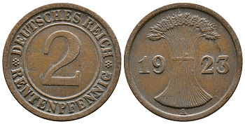 ГЕРМАНИЯ 2 РЕНТЕНПФЕННИГА 1923 A KM 31, J. 307 бронза 71-1657