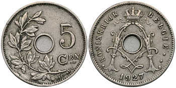 БЕЛЬГИЯ 5 САНТИМОВ 1927 BELGIE, АЛЬБЕРТ I (1909-1934) KM 67 медно-никель 27-113
