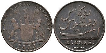 Британская Индия 10 кэш 1803 Британская Ост-Индская компания, Мадрасское президентство KM 319 медь 34-751