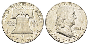 США 1/2 доллара (50 центов) 1962 Бенджамин Франклин, колокол KM 199 серебро  aUNC  4653-131