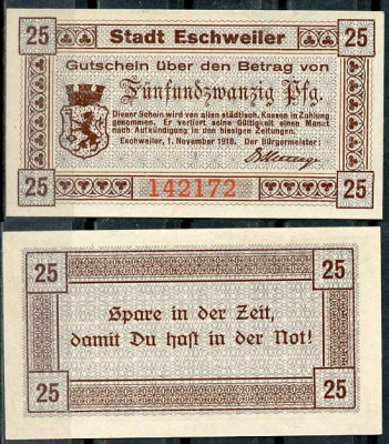 Германия, Эшвайлер 25 пфеннигов 1918 нотгельд, 1.11.1918 бумага UNC (пресс) 8614-45-4-1