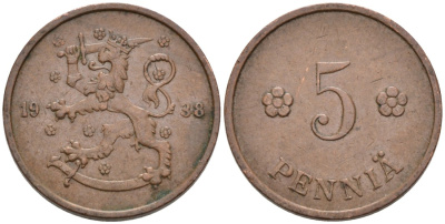 ФИНЛЯНДИЯ 5 ПЕННИ 1938 KM 22 медь 192-1254