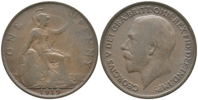 Великобритания 1 пенни 1919 Георг V (1910-1936) KM 810, Spink 4051 бронза 32-515