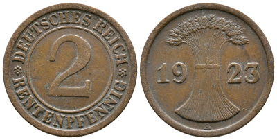 Германия 2 рентенпфеннига 1923 A KM 31, J. 307 бронза 4681-127