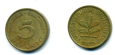 ФРГ 5 ПФЕННИГОВ 1972 D KM 107, J.382 сталь плакированная латунью 46-249