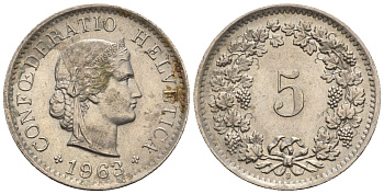 Швейцария 5 раппенов 1963 B KM 26 медно-никель 4609-1015