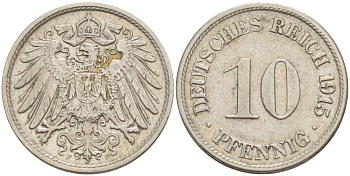 Германия 10 пфеннигов 1915 F KM 12, Jager 13, Weege 8 медно-никель 219-252