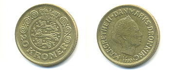 ДАНИЯ 20 КРОН 1990 МАРГАРЕТ II KM 871 алюминиевая бронза 179-236