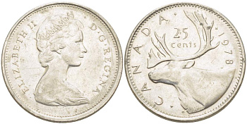 КАНАДА 25 ЦЕНТОВ 1978 ЕЛИЗАВЕТА II (1952-), ОЛЕНЬ KM 62b никель 4525-535
