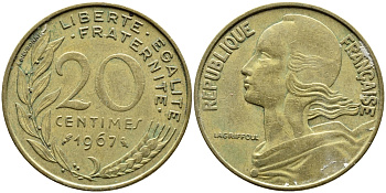 ФРАНЦИЯ 20 САНТИМОВ 1967 KM 930 медь алюминий никель 4393-157