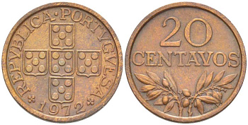 ПОРТУГАЛИЯ 20 СЕНТАВО 1972 KM 595 бронза XF 4516-362