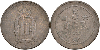 Швеция 5 эре 1875 Оскар II (1872-1907) король Швеции и Норвегии KM 736 бронза 4557-442