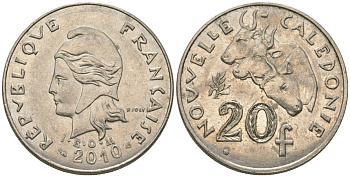 Французская Новая Каледония 20 франков 2010 три быка, (IEOM) KM 12a, Schoen 14a, Lec 115j медно-никель 84-731