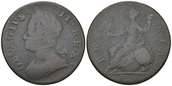 Великобритания 1/2 пенни 1753 Георг II (1727-1760) KM 579.2, Spink 3719 медь 4590-721