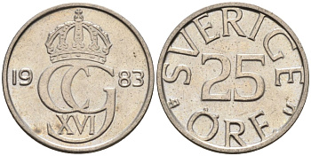 Швеция 25 эре 1983 Карл XVI Густав (1973- ) KM 851 медно-никель UNC 4585-526