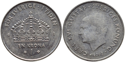 Швеция 1 крона 2002 Карл XVI Густав (1973- ) KM 894 медно-никель 4110-937