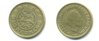 ДАНИЯ 20 КРОН 1990 МАРГАРЕТ II KM 871 алюминиевая бронза 179-236