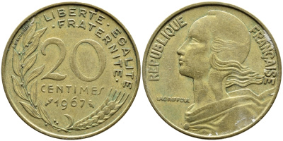 ФРАНЦИЯ 20 САНТИМОВ 1967 KM 930 медь алюминий никель 4393-157