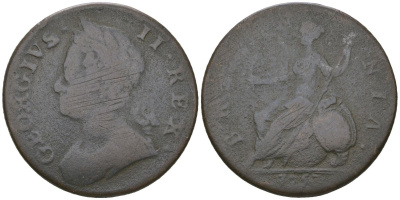 Великобритания 1/2 пенни 1753 Георг II (1727-1760) KM 579.2, Spink 3719 медь 4590-721
