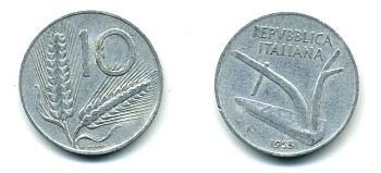 ИТАЛИЯ 10 ЛИР 1955 R, КОЛОСЬЯ, ПЛУГ KM 93 алюминий 23-1156