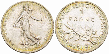 ФРАНЦИЯ 1 ФРАНК 1919 СЕЯТЕЛЬ KM 844.1, LE FRANC 217.25 серебро 4390-827
