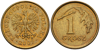 Польша 1 грош 2007 MW KM 276, Parchimowicz 701p латунь 4580-466