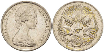 АВСТРАЛИЯ 5 ЦЕНТОВ 1968 ЕЛИЗАВЕТА II, МОЛОДОЙ ПОРТРЕТ, ЕХИДНА KM 64 медно-никель 4385-663