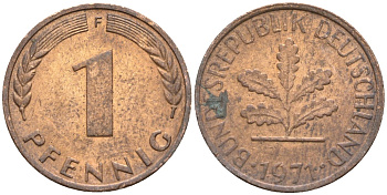 ФРГ 1 пфенниг 1971 F KM 105, J.380 сталь плакированная медью 4174-621
