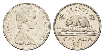 Канада 5 центов 1971 Елизавета II (1952-2022), бобр KM 60.1 никель 4630-718