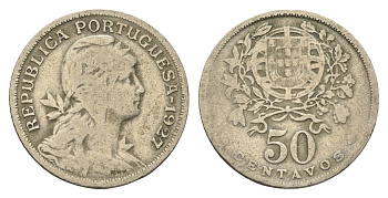 Португалия 50 сентаво 1927 голова Свободы вправо KM 577 никель латунь 4659-627