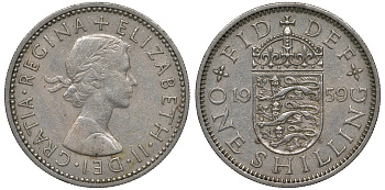 Великобритания 1 шиллинг 1959 Елизавета II (1952-2022), Английский герб KM 904, Spink 4147 медно-никель 4122-1037