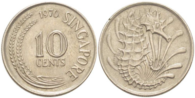 Сингапур 10 центов 1970 морской конек KM 3 медно-никель 4523-234