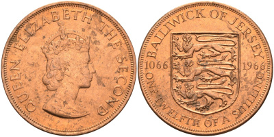 Джерси 1/12 шиллинга 1966 900 лет Нормандскому завоеванию KM 26 бронза UNC 4367-411