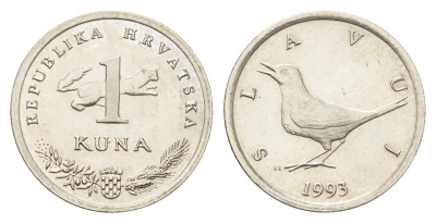 Хорватия 1 куна 1993 западный соловей, нечетный год KM 9.1 медь цинк никель UNC 4659-729