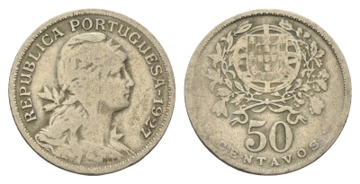 Португалия 50 сентаво 1927 голова Свободы вправо KM 577 никель латунь 4659-627