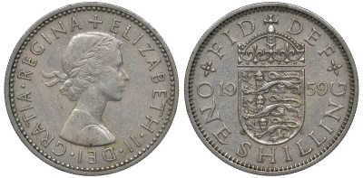 Великобритания 1 шиллинг 1959 Елизавета II (1952-2022), Английский герб KM 904, Spink 4147 медно-никель 4122-1037