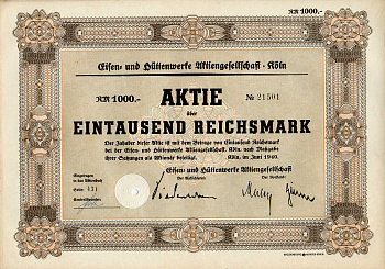 Германия 1000 рейхсмарок 1940 Акционерное общество металлургических и металлургических заводов, Кельн, акция   бумага   8803-64-1