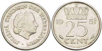 Нидерланды 25 центов 1951 Юлиана (1949-1980) KM 183 никель 214-919