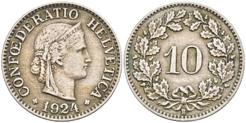 Швейцария 10 раппенов 1924 В KM 27 медно-никель 3309-254