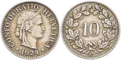 Швейцария 10 раппенов 1924 В KM 27 медно-никель 3309-254