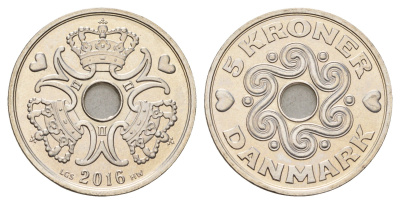Дания 5 крон 2016 Маргрете II (1972-2024) KM 869 медно-никель UNC 119-121