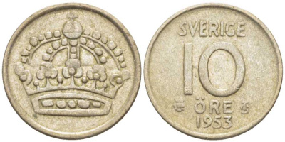 Швеция 10 эре 1953 TS, Густав VI Адольф (1950-1973) KM 823 серебро 116-1212