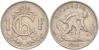 ЛЮКСЕМБУРГ 1 ФРАНК 1952 СТАЛЕВАР KM 46.2 медно-никель 212-1113