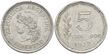 Аргентина 5 сентаво 1972 голова свободы влево KM 65 алюминий 4181-1061