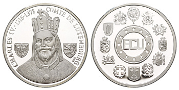 Люксембург 1 экю ND (1993) Карл IV, с сертификатом подлинности X 40 серебро PROOF 1083-5-42